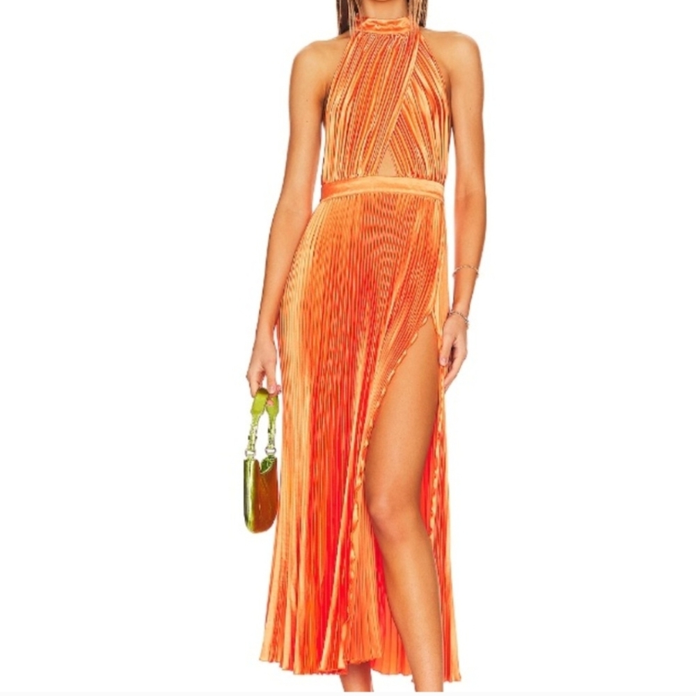 REVOLVE Orange Halter Backless Pleated Maxi Dress